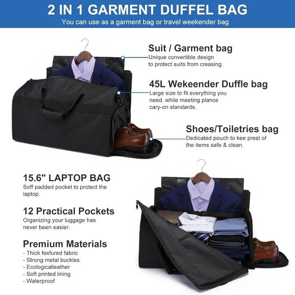Garment Bags for Travel Large Suit Bag for Men Carry on Garment Bag Convertible - Picture 11 of 13